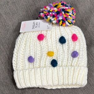 Capelli of New York Kids White Beanie with Colorful Pom-Pom